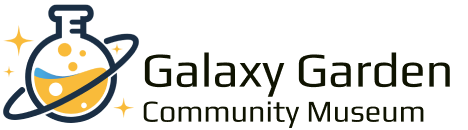 Logo of Galaxy Garden Community Museum featuring a stylized test tube and planets.