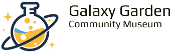 Logo of Galaxy Garden Community Museum featuring a stylized test tube and planets.